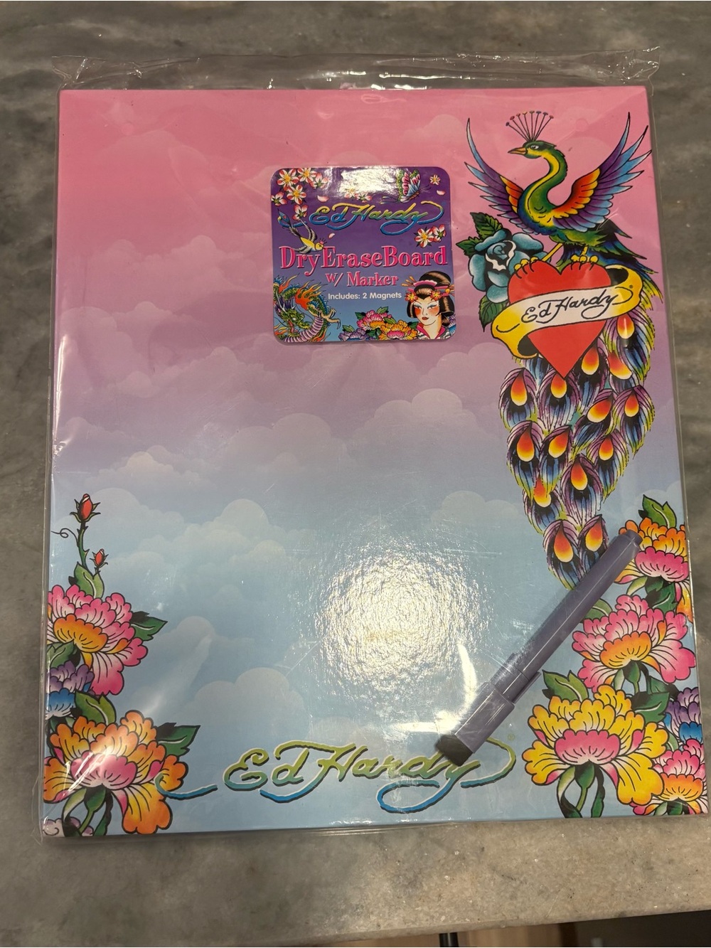 Y2K OP Lisa Frank Ed Hardy Peacock Dry Erase Board Marker 2 Magnets Trad Tattoo